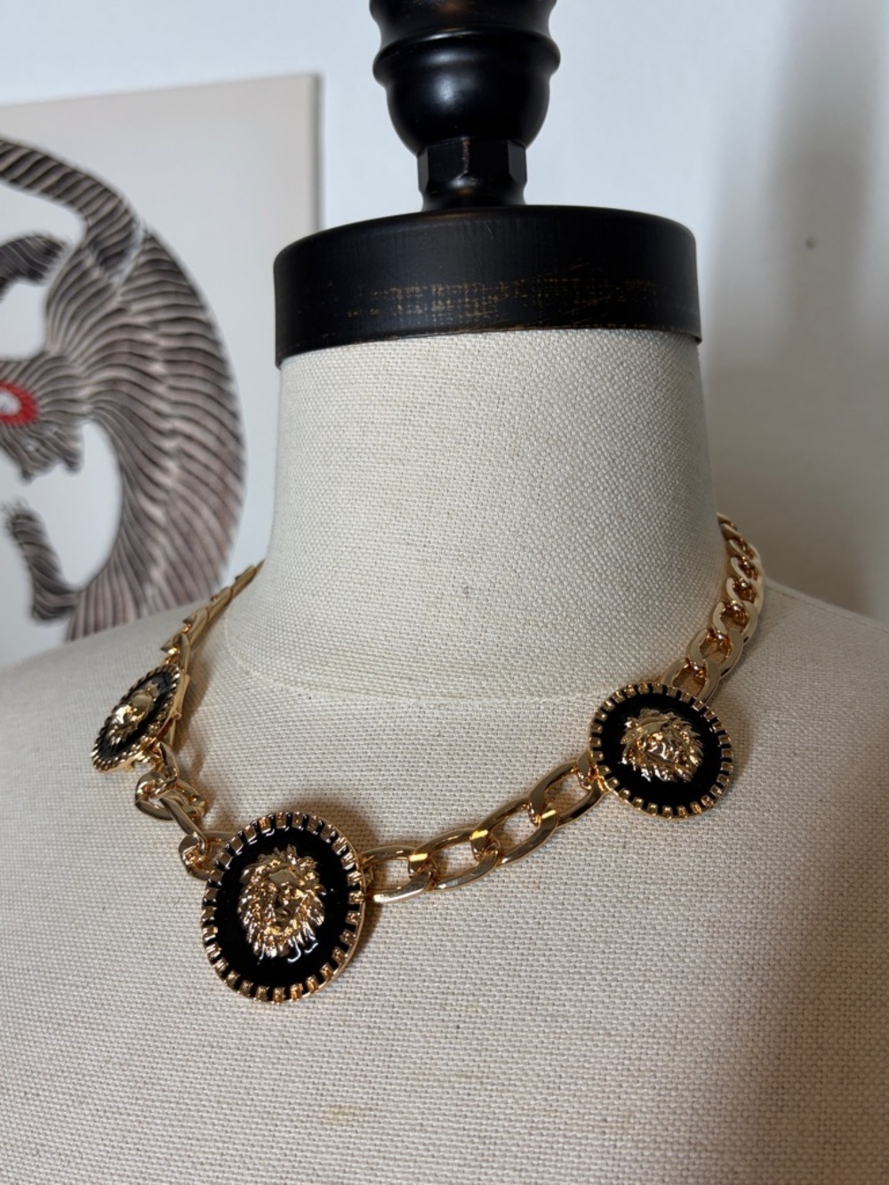 Gold and Black Lion Medallion Chain Necklace - Women Jewelry - Picture 2 of 8